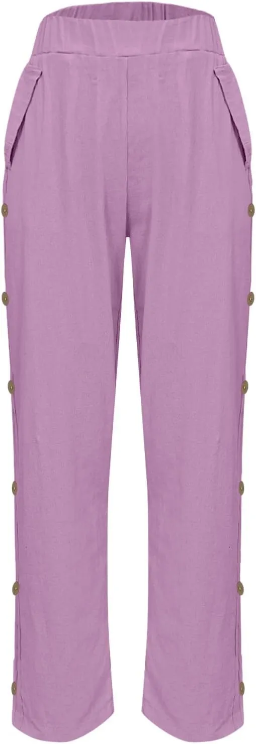 Cotton Linen Pants for Women Loose Fit Buttons Wide Leg Pants Drawstring Elastic Trousers Straight Leg Pants with Pockets
