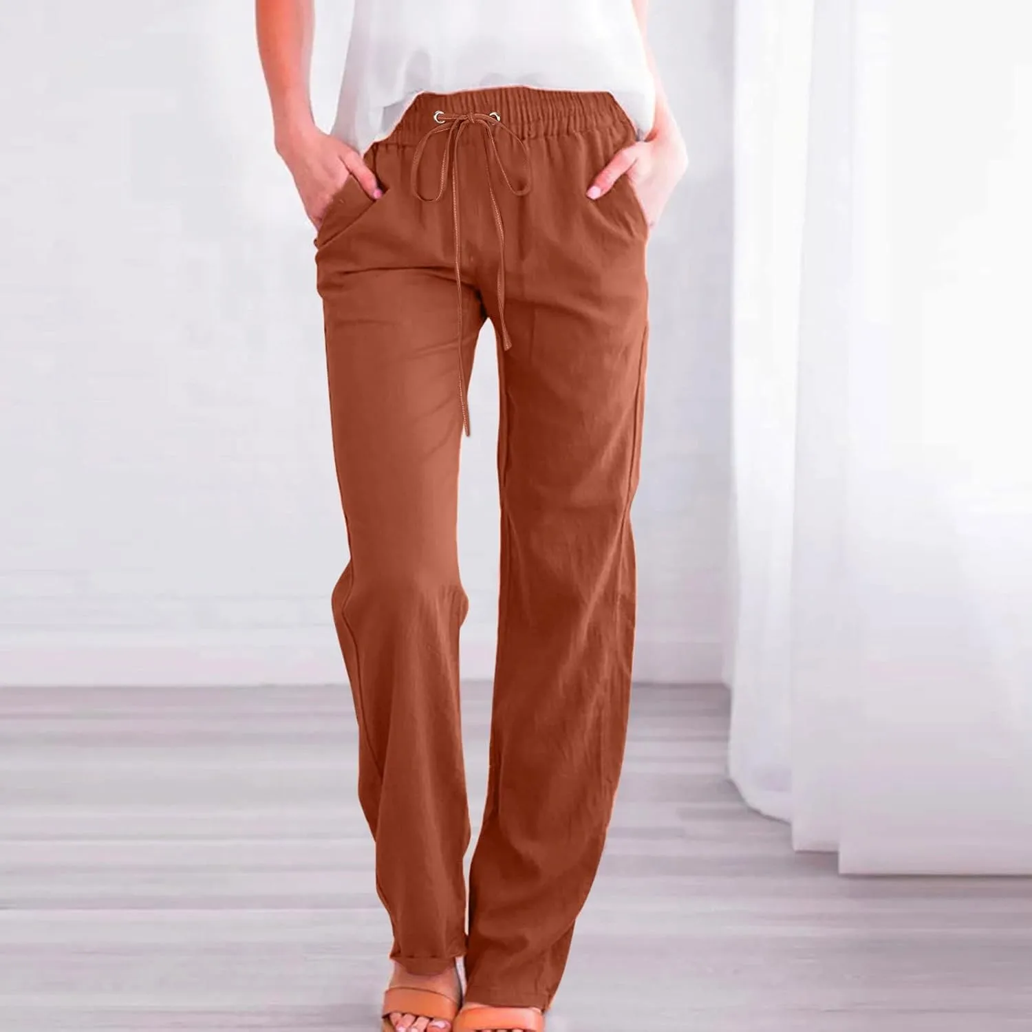 Cotton Linen Pants Women Summer Elastic High Waisted Pant Solid Wide Leg Trousers Casual Tie Waist Straight Pants