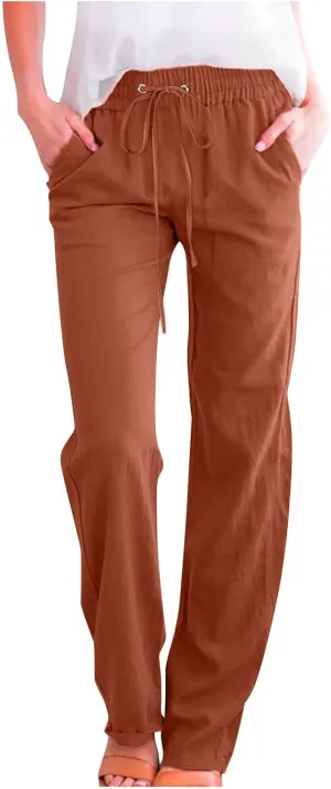 Cotton Linen Pants Women Summer Elastic High Waisted Pant Solid Wide Leg Trousers Casual Tie Waist Straight Pants