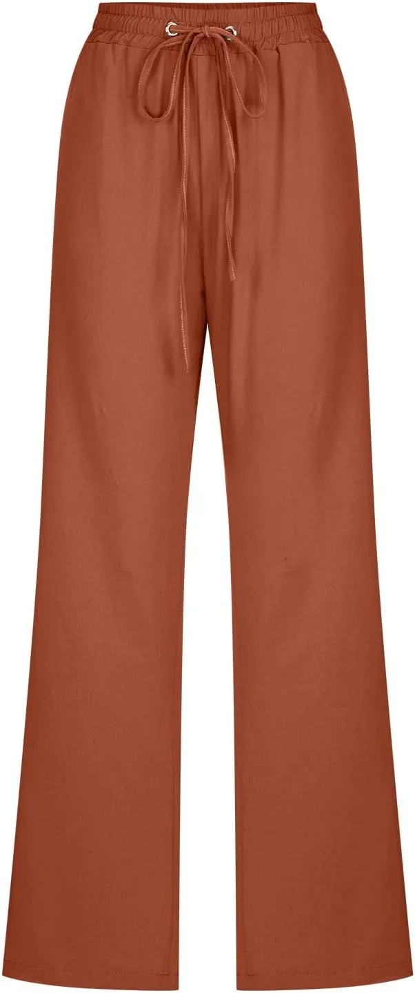 Cotton Linen Pants Women Summer Elastic High Waisted Pant Solid Wide Leg Trousers Casual Tie Waist Straight Pants