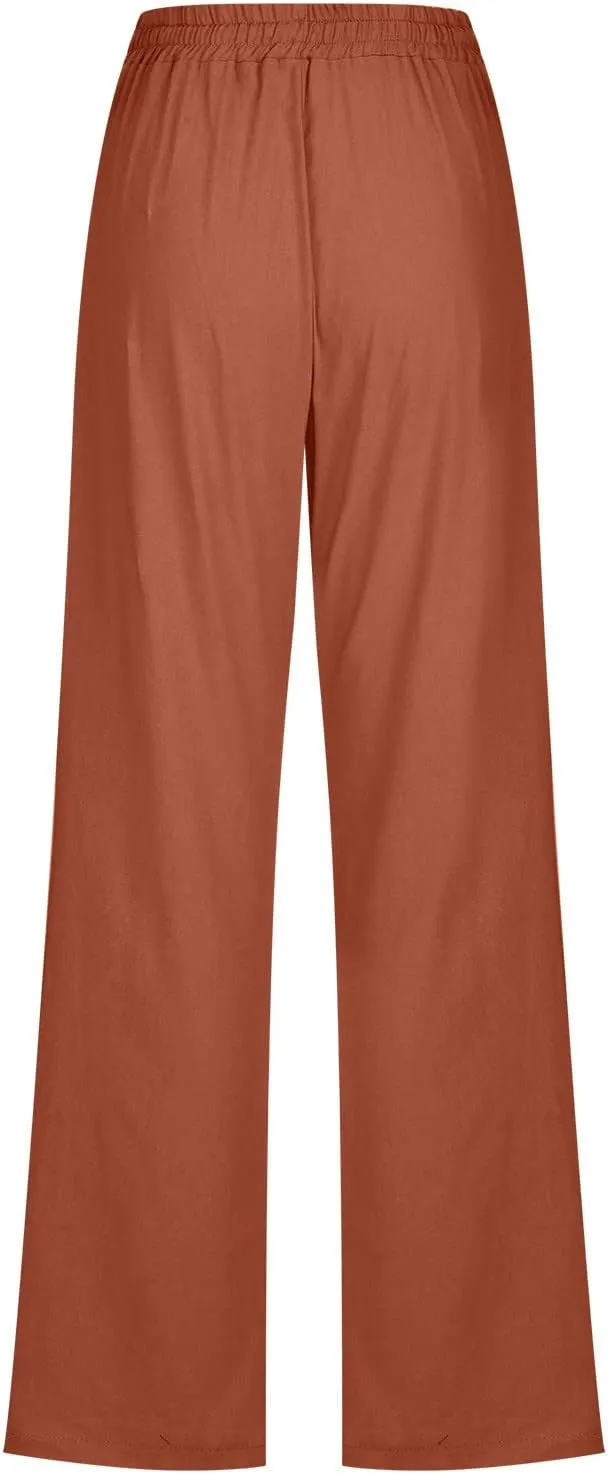 Cotton Linen Pants Women Summer Elastic High Waisted Pant Solid Wide Leg Trousers Casual Tie Waist Straight Pants