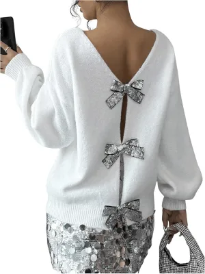 COZYEASE Women's Bowknot Sequins Sweater Tops Long Sleeve Crew Neck Glitter Knit Pullovers