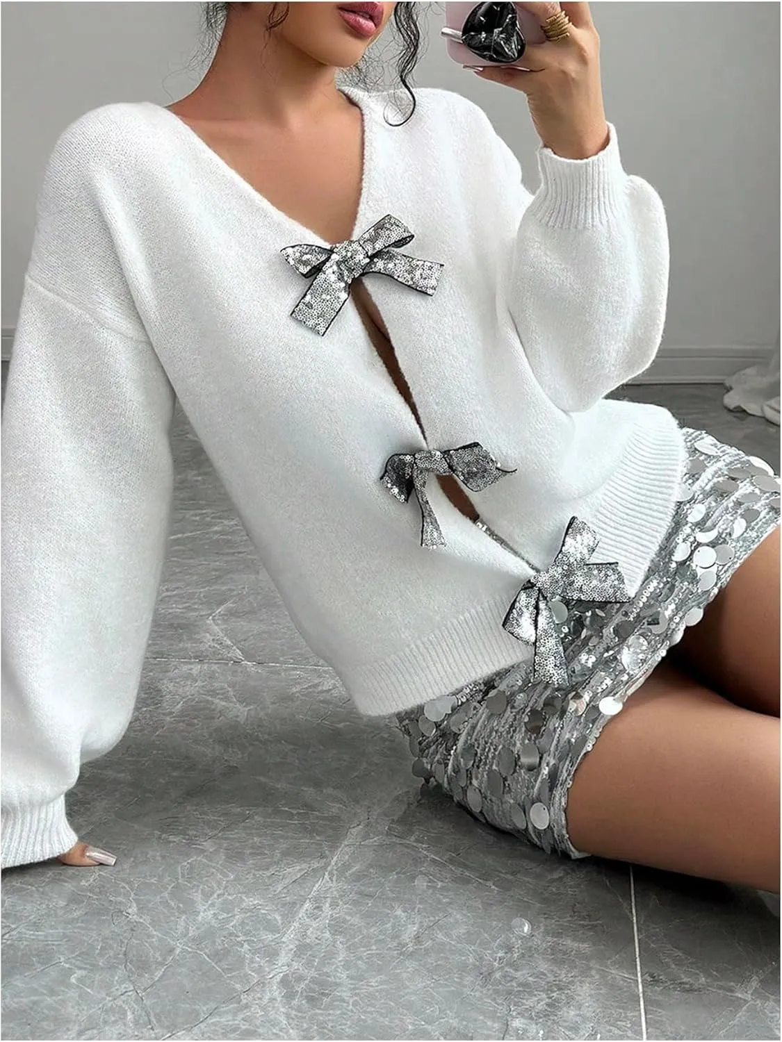 COZYEASE Women's Bowknot Sequins Sweater Tops Long Sleeve Crew Neck Glitter Knit Pullovers