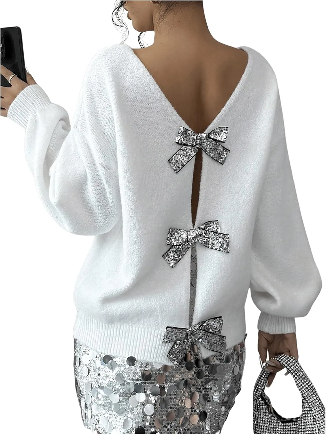 COZYEASE Women's Bowknot Sequins Sweater Tops Long Sleeve Crew Neck Glitter Knit Pullovers