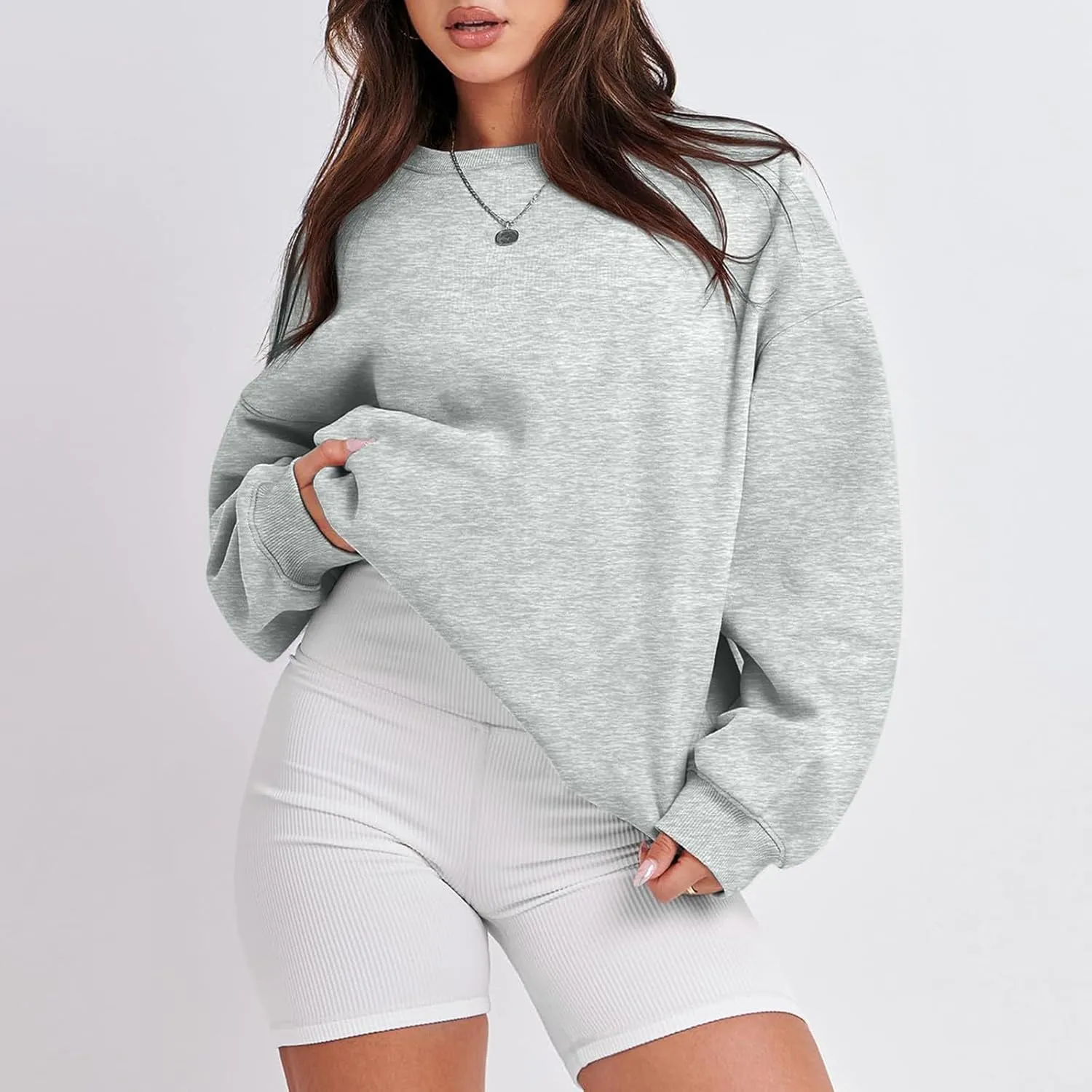 Crew Neck Sweatshirts Women Fleece Pullover Oversized Crewneck Sweatshirt Preppy Drop Shoulder Plain Y2K Hoodie
