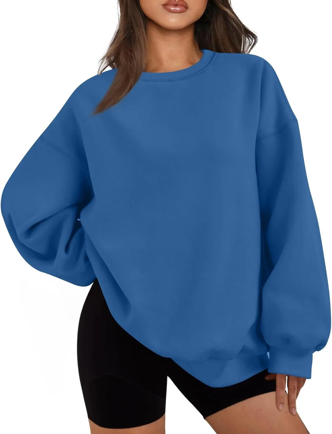 Crew Neck Sweatshirts Women Fleece Pullover Oversized Crewneck Sweatshirt Preppy Drop Shoulder Plain Y2K Hoodie