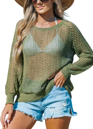 CUPSHE Women's Summer Crochet Swimsuit Cover Up Long Sleeve Cutout Beach Coverup Tunic Sweater Tops