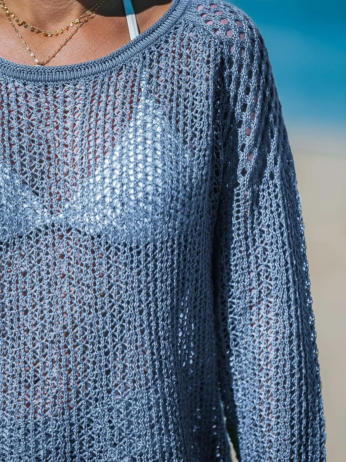 CUPSHE Women's Summer Crochet Swimsuit Cover Up Long Sleeve Cutout Beach Coverup Tunic Sweater Tops