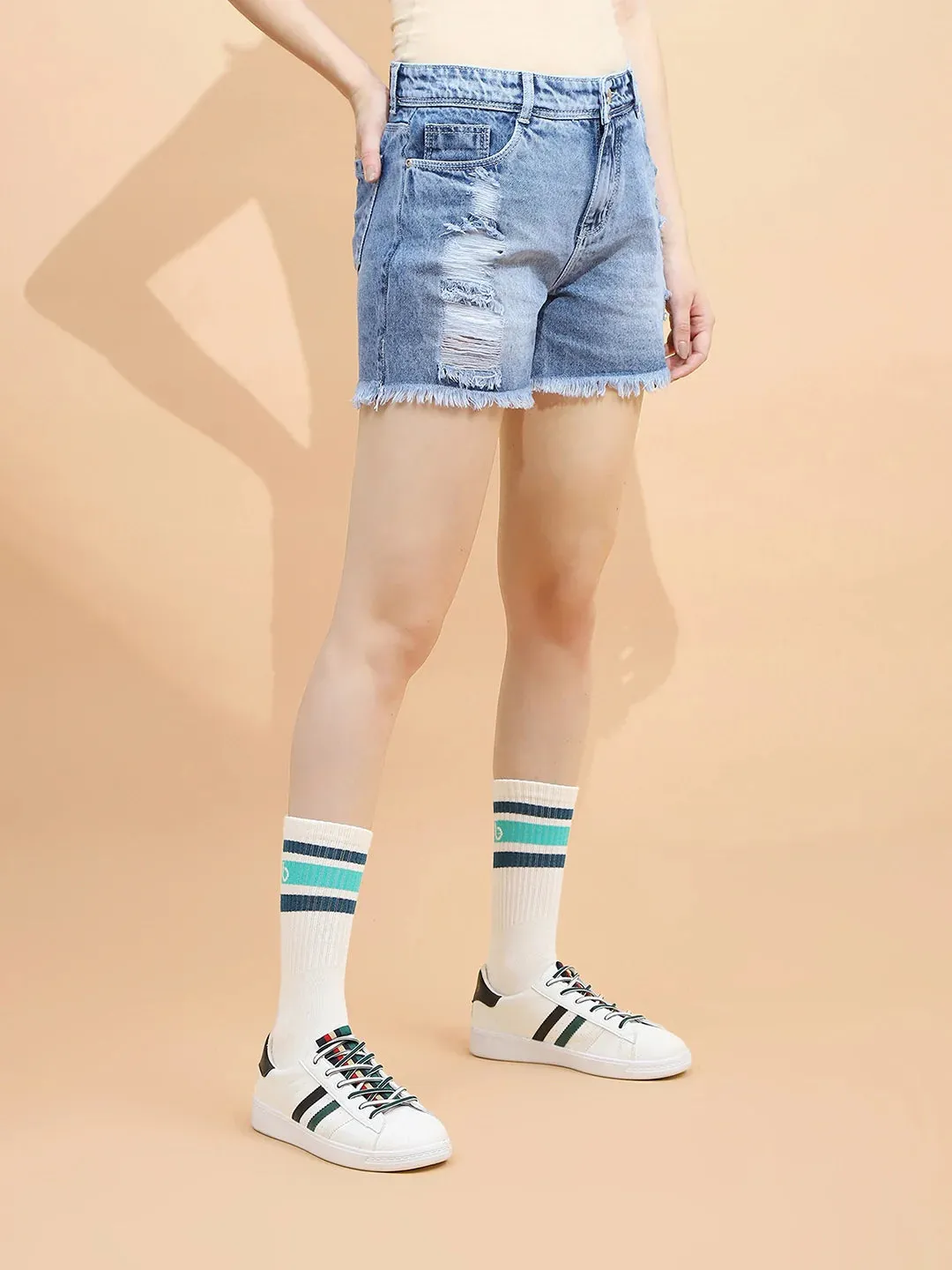 Dark Blue Cotton Regular Fit Shorts For Women
