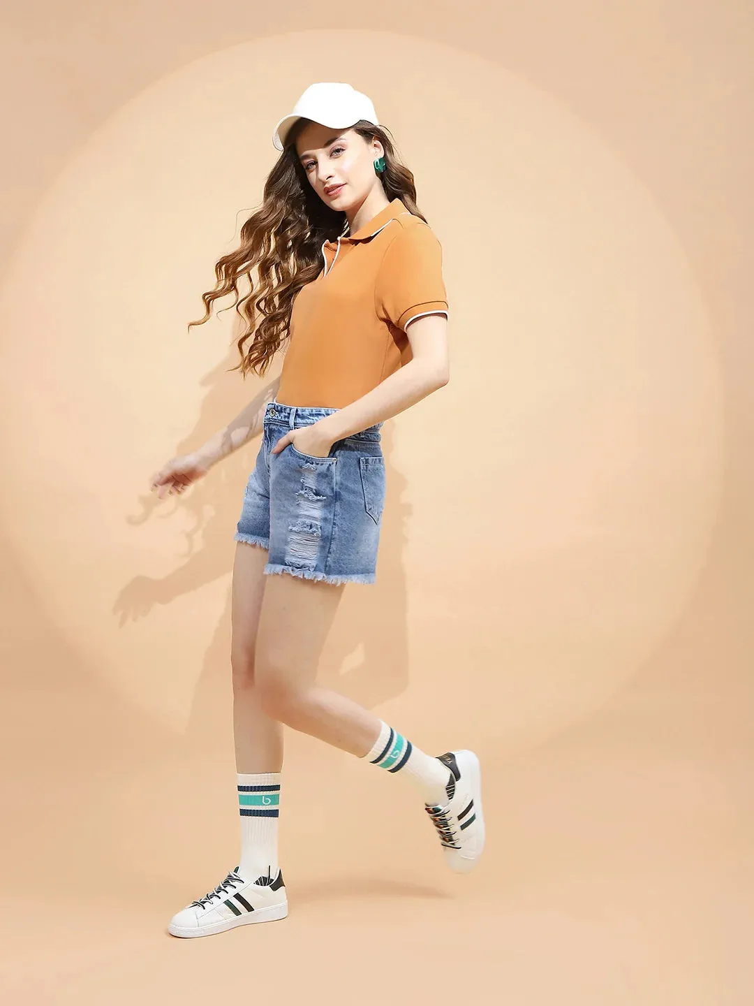 Dark Blue Cotton Regular Fit Shorts For Women