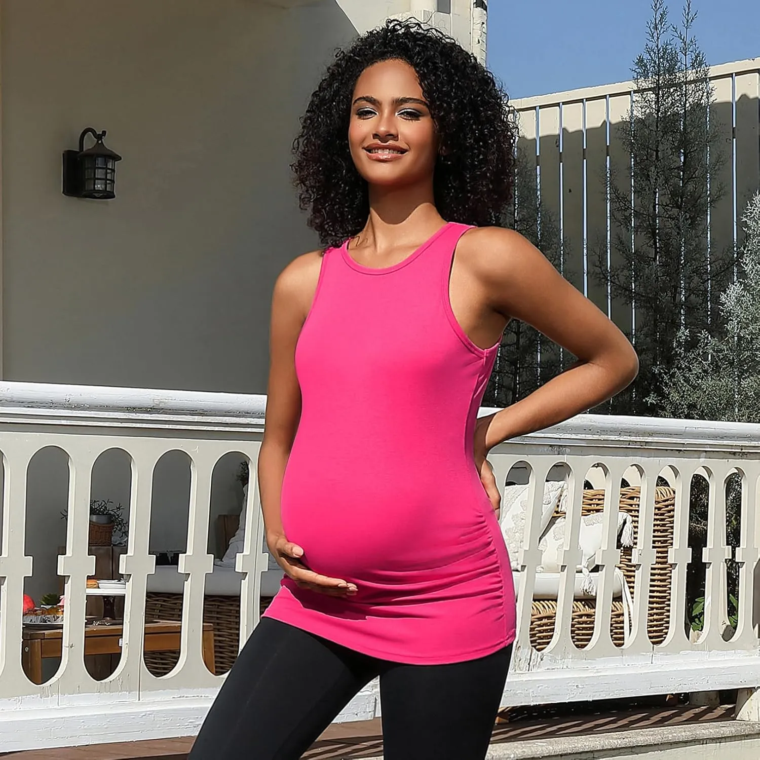 DEBELLY Maternity Tank Tops Women's Sleeveless Ribbed T-Shirts Round Neck Side Ruched Pregnancy Cami Basic Mama Summer Vests