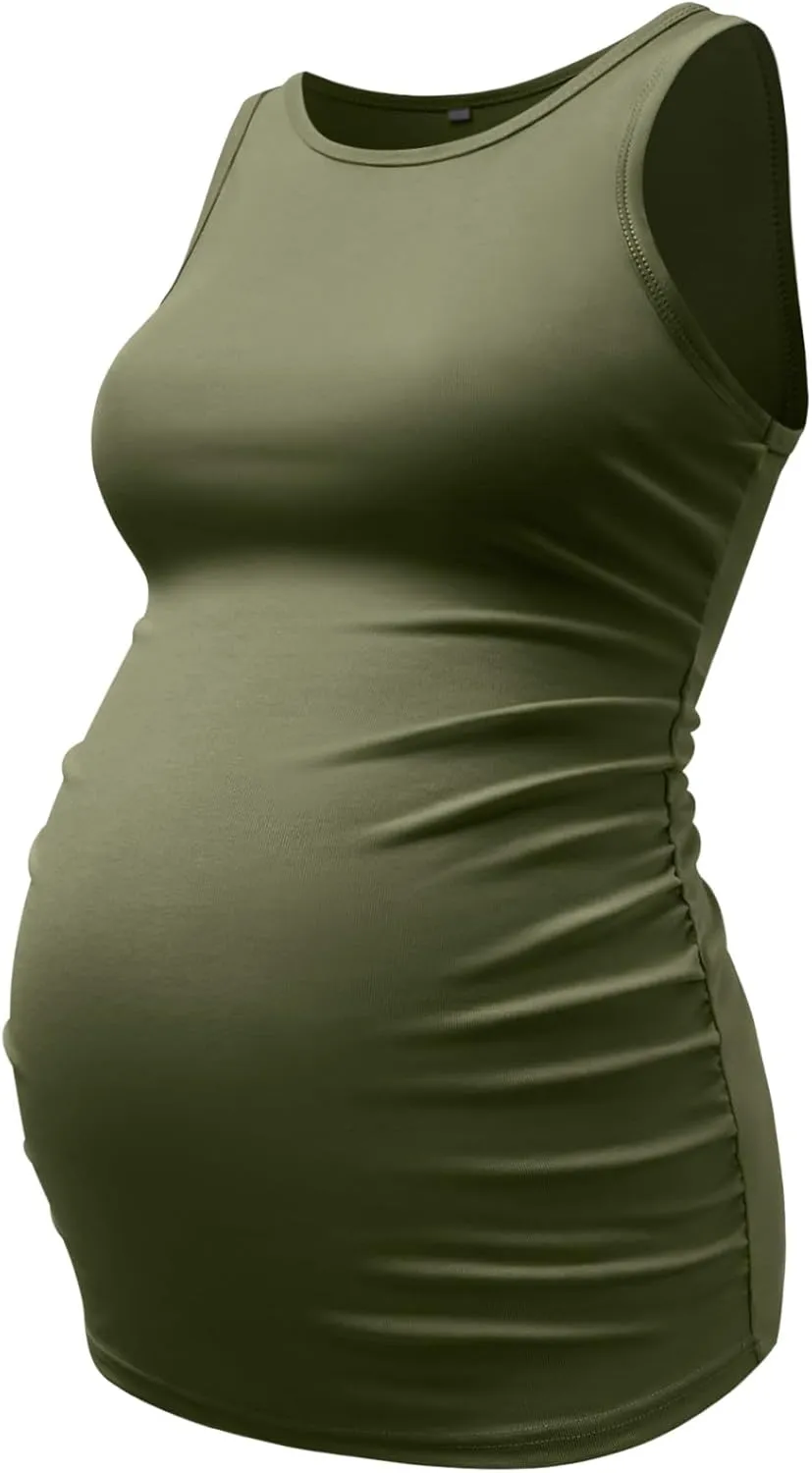 DEBELLY Maternity Tank Tops Women's Sleeveless Ribbed T-Shirts Round Neck Side Ruched Pregnancy Cami Basic Mama Summer Vests