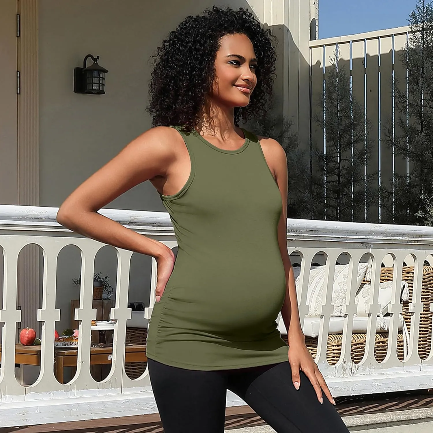 DEBELLY Maternity Tank Tops Women's Sleeveless Ribbed T-Shirts Round Neck Side Ruched Pregnancy Cami Basic Mama Summer Vests