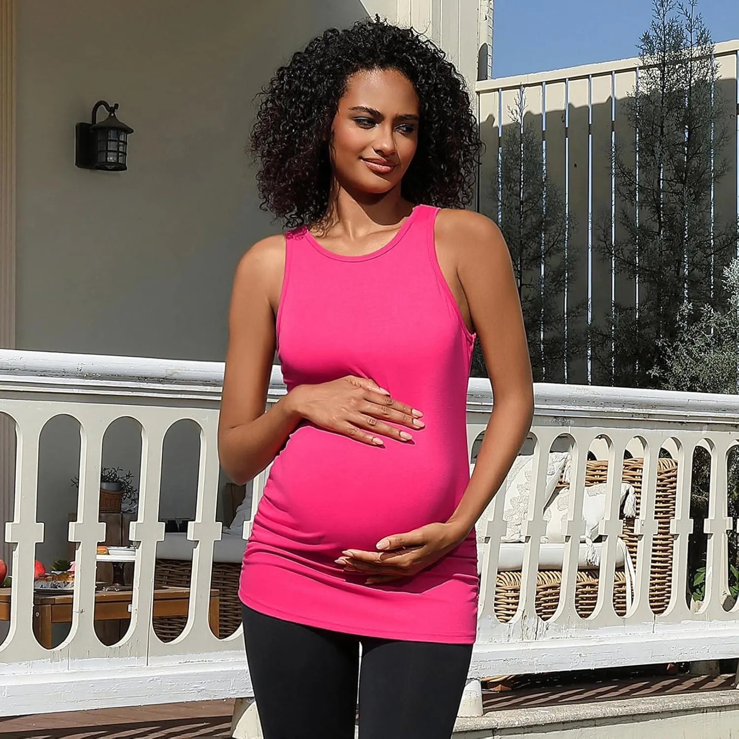 DEBELLY Maternity Tank Tops Women's Sleeveless Ribbed T-Shirts Round Neck Side Ruched Pregnancy Cami Basic Mama Summer Vests