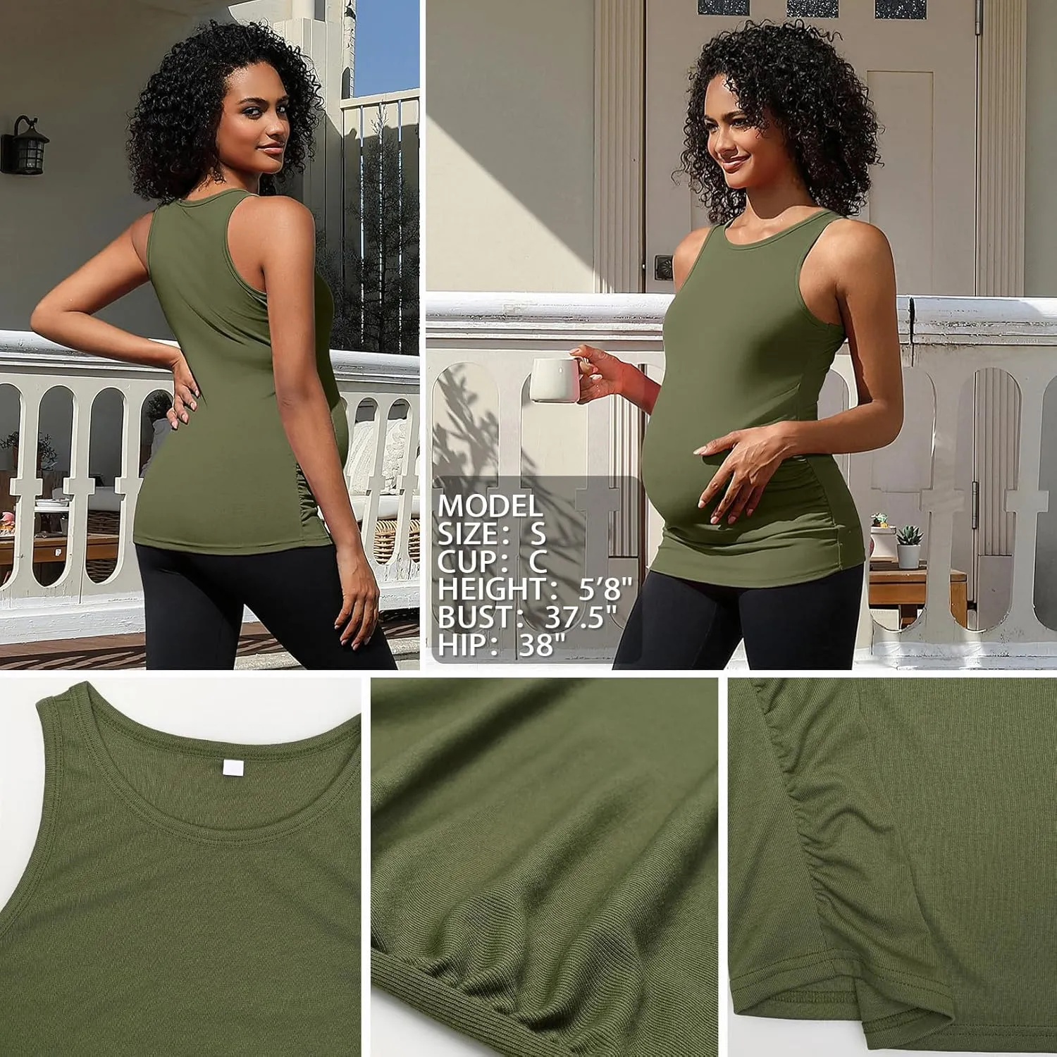 DEBELLY Maternity Tank Tops Women's Sleeveless Ribbed T-Shirts Round Neck Side Ruched Pregnancy Cami Basic Mama Summer Vests
