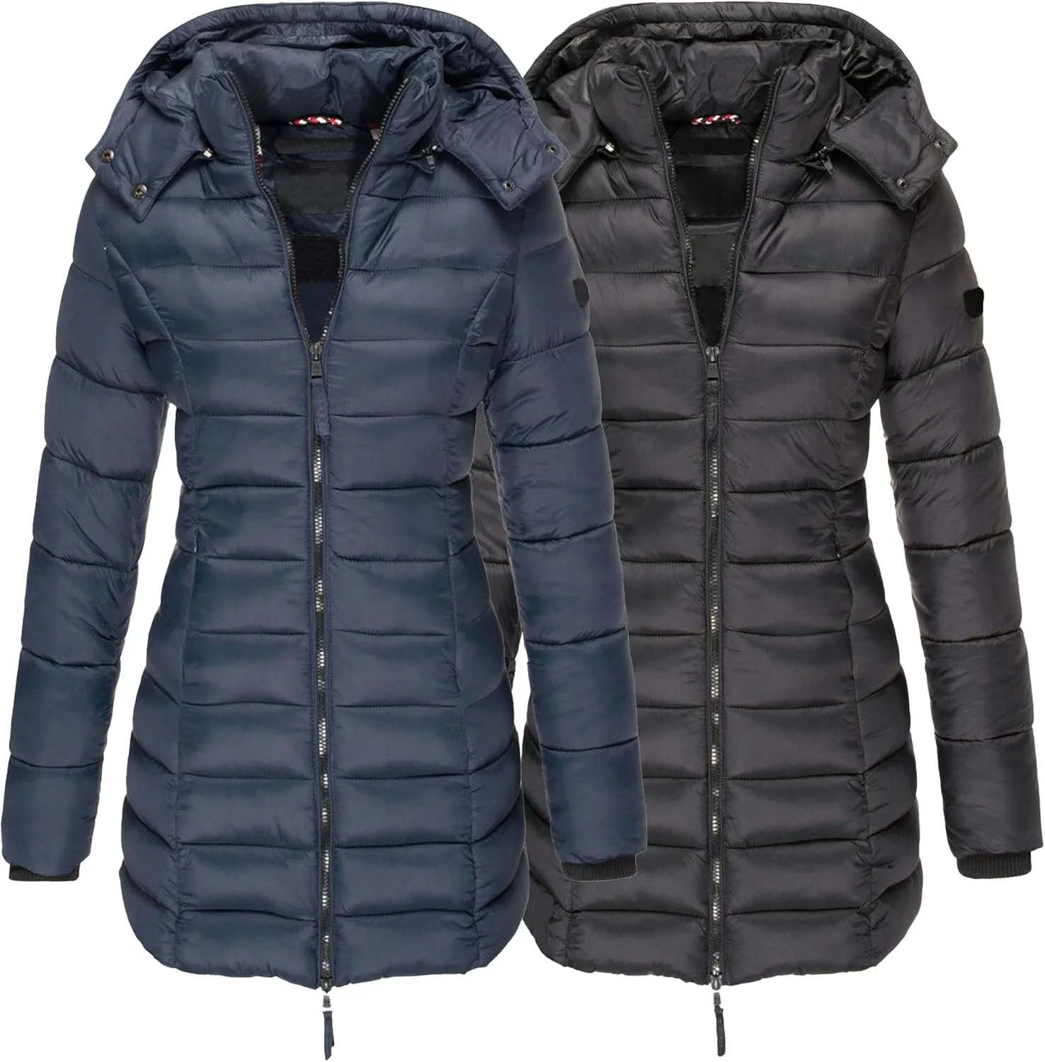 DGHM-JLMY 2 Pack Women's Warm Mid Long Down Jacket Quilted Lightweight Puffer Jacket Packable Hooded Slim Fit Puffer Coat