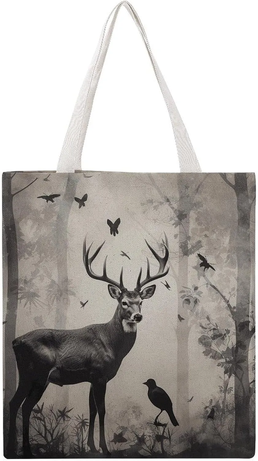 Double-Sided Printed Canvas Tote Bag Hunting Silhouette of Deer Printed - Large Reusable Grocery Bag with Unique Heat Transfer Designs, 16x15 Inch for Shopping/Beach/Travel Women Men