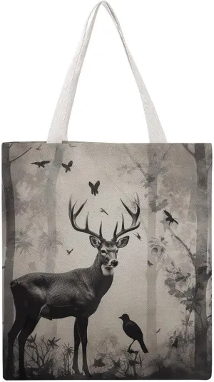 Double-Sided Printed Canvas Tote Bag Hunting Silhouette of Deer Printed - Large Reusable Grocery Bag with Unique Heat Transfer Designs, 16x15 Inch for Shopping/Beach/Travel Women Men
