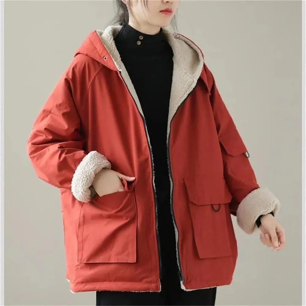 Dvbfufv Women Loose Casual Hooded Coat Women's Autumn Winter Cotton-Padded Jacket Female Jacket
