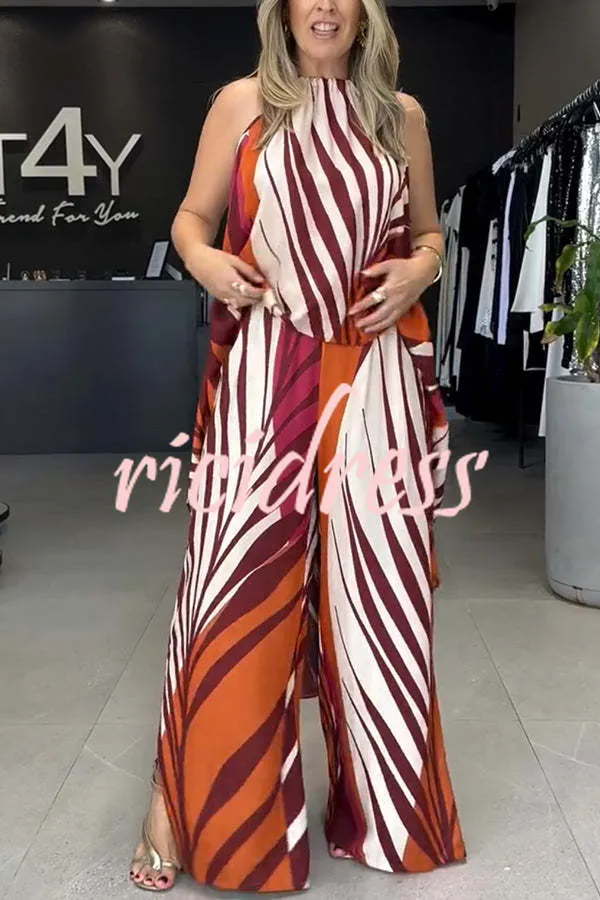 Edina Unique Print High Low Halter Loose Top and Elastic Waist Pocketed Wide Leg Pants Set