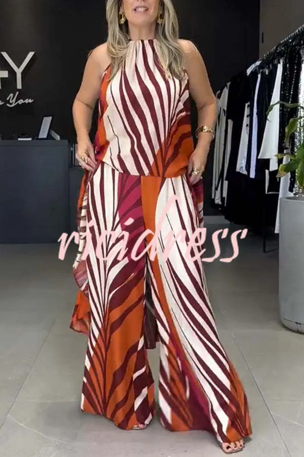 Edina Unique Print High Low Halter Loose Top and Elastic Waist Pocketed Wide Leg Pants Set