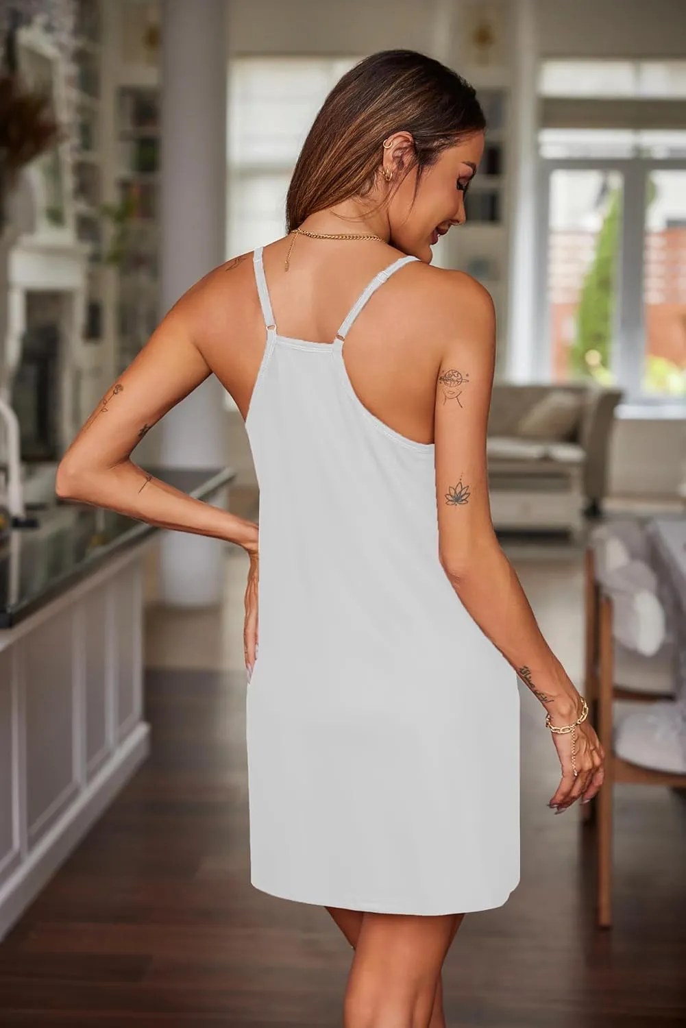 Ekouaer Nightgowns for Women Cotton Sleepwear Adjustable Spaghetti Strap Sleepshirt Racerback Sleep Dress with Pockets S-3XL