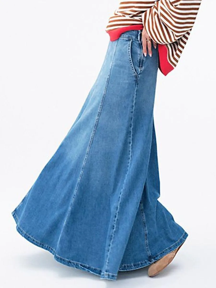 ELFTOWN Women's Plus Size Denim Long Skirts Casual Floor Length A Line Flared Maxi Jean Skirts with Pockets