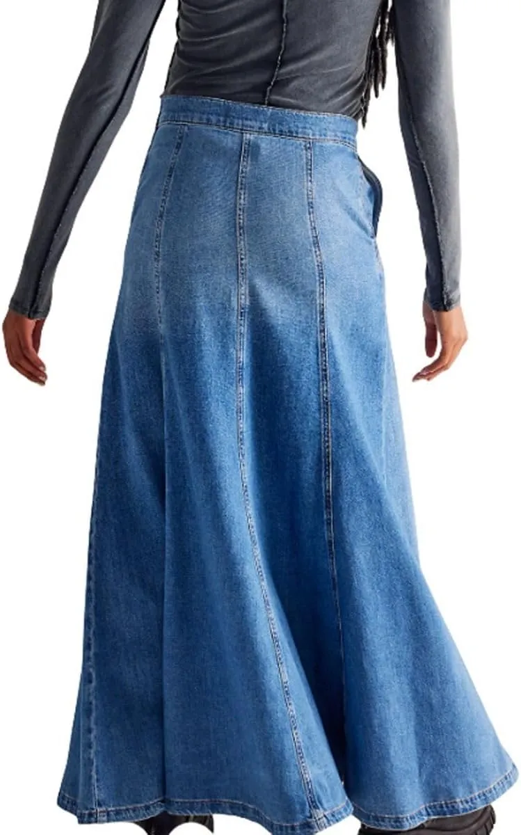 ELFTOWN Women's Plus Size Denim Long Skirts Casual Floor Length A Line Flared Maxi Jean Skirts with Pockets