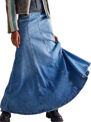 ELFTOWN Women's Plus Size Denim Long Skirts Casual Floor Length A Line Flared Maxi Jean Skirts with Pockets