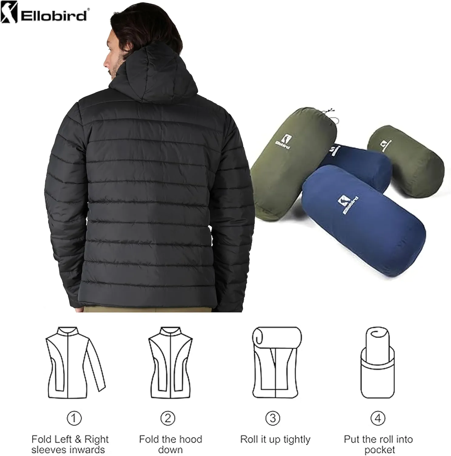 Ellobird Mens Puffer Coat Men Lightweight Winter Coats Jacket Hood Packable