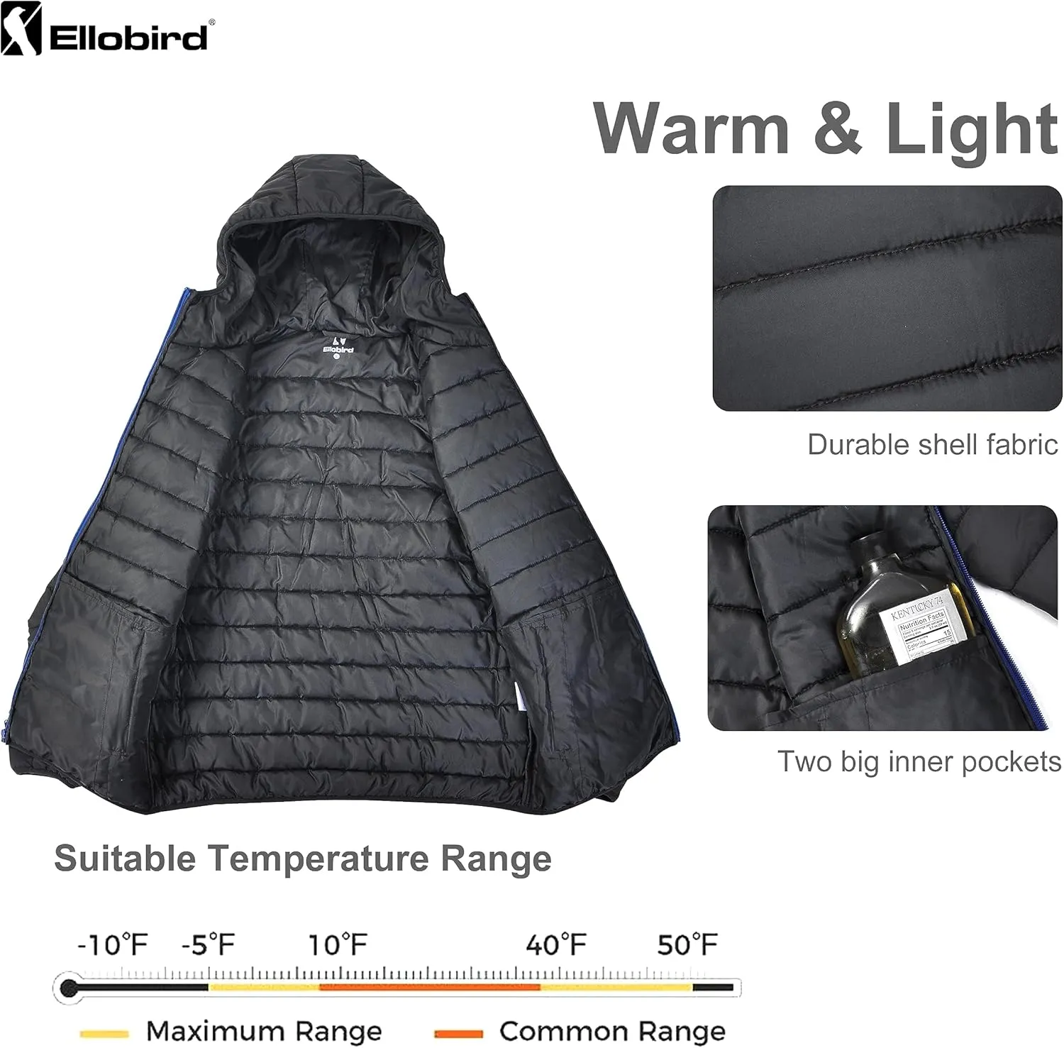 Ellobird Mens Puffer Coat Men Lightweight Winter Coats Jacket Hood Packable