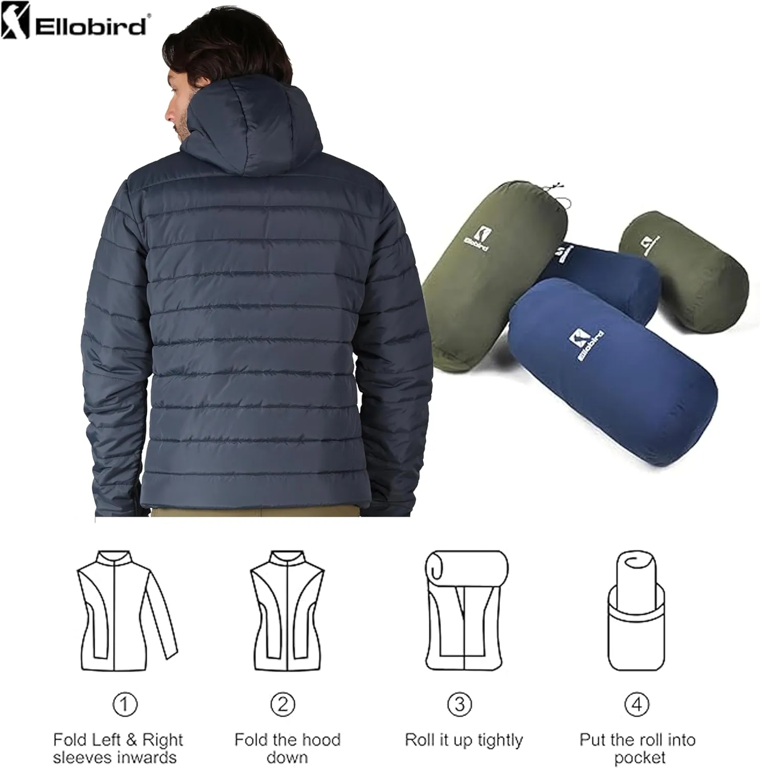 Ellobird Mens Puffer Coat Men Lightweight Winter Coats Jacket Hood Packable
