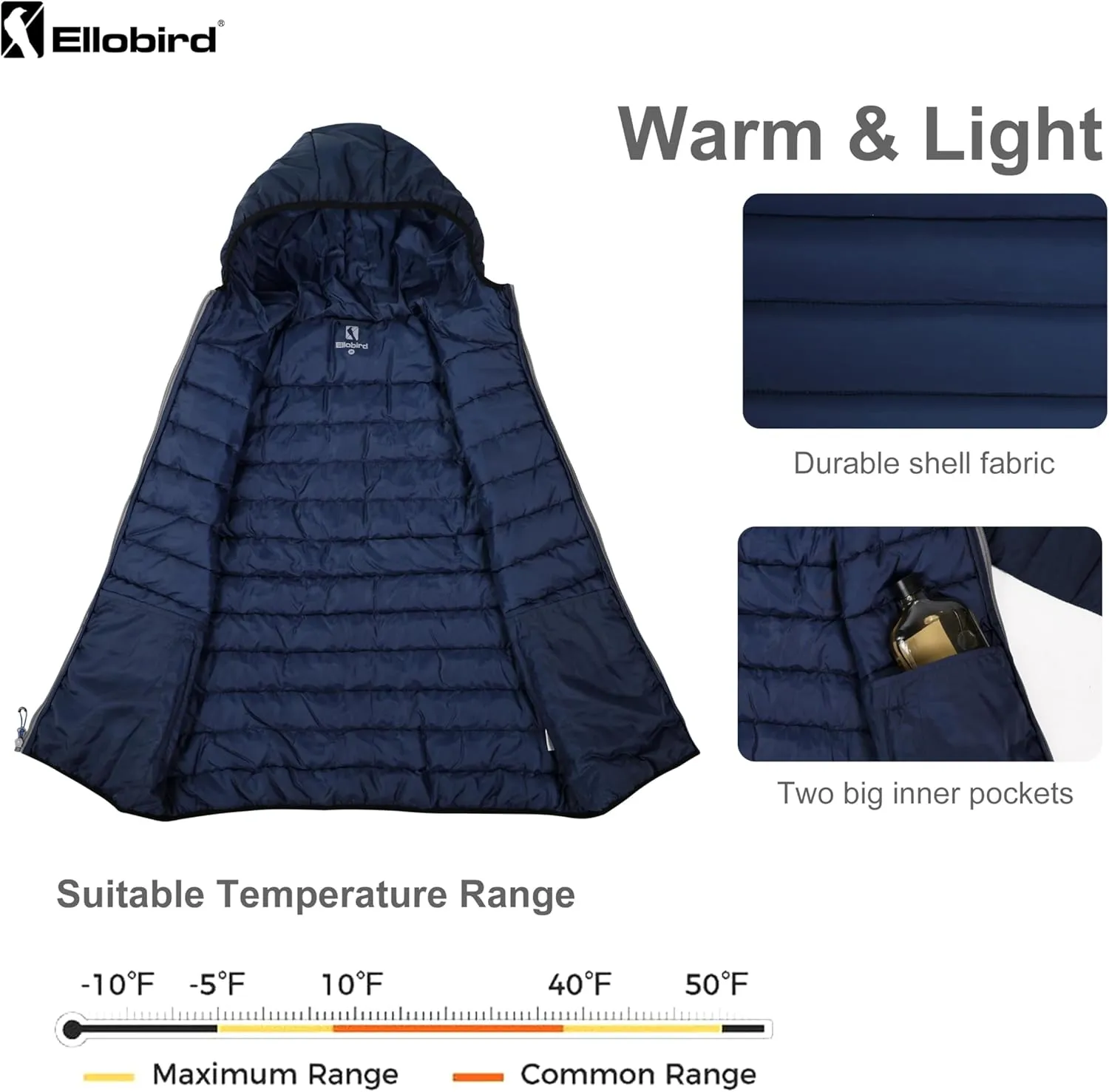 Ellobird Mens Puffer Coat Men Lightweight Winter Coats Jacket Hood Packable