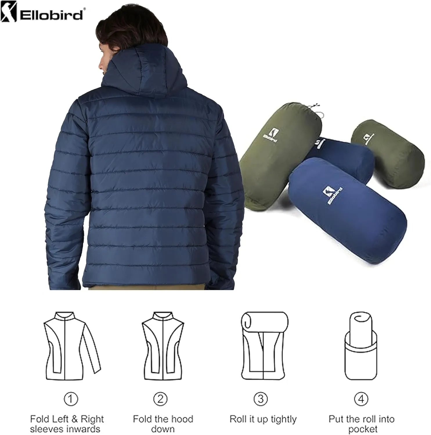 Ellobird Mens Puffer Coat Men Lightweight Winter Coats Jacket Hood Packable