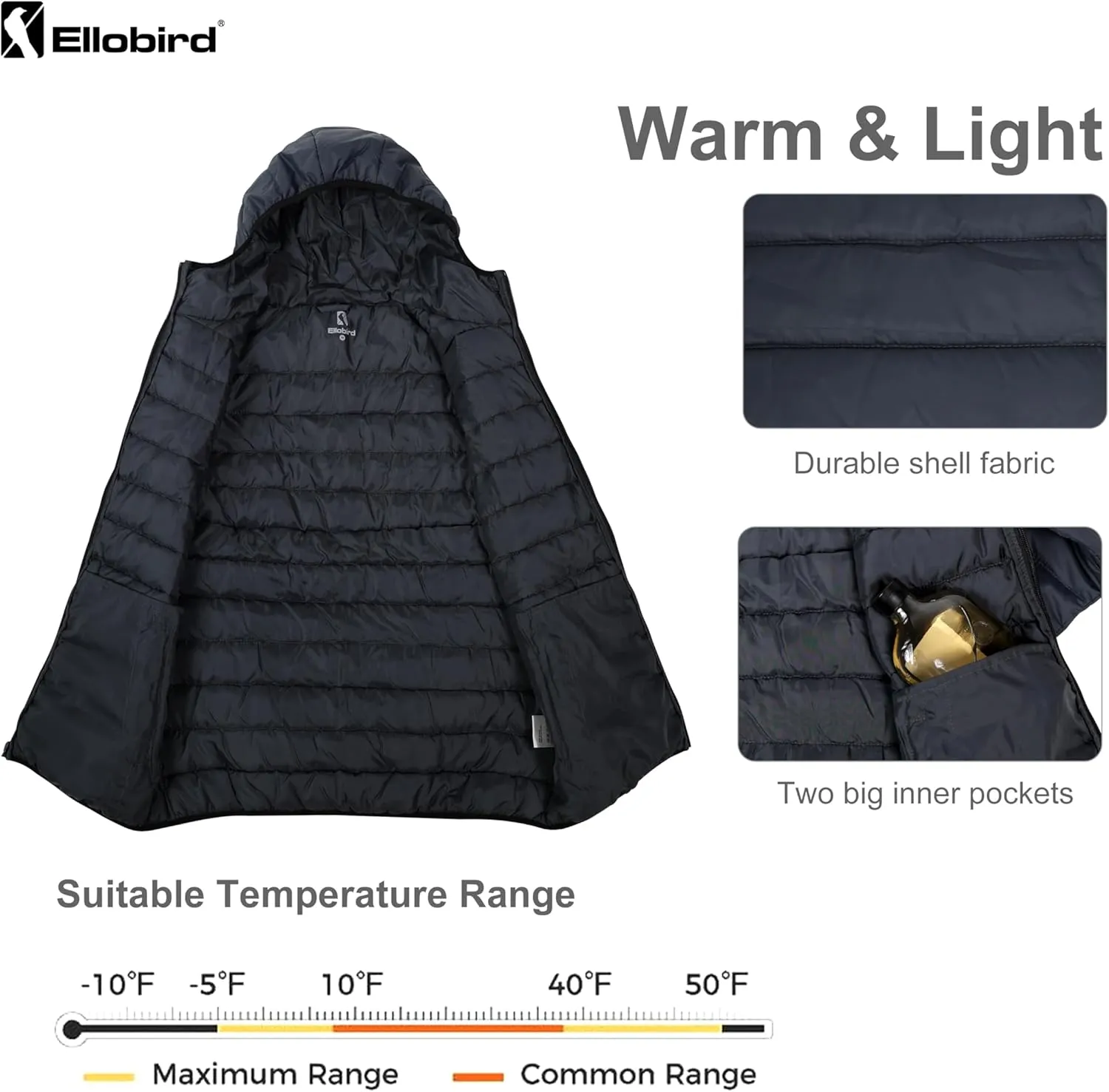 Ellobird Mens Puffer Coat Men Lightweight Winter Coats Jacket Hood Packable