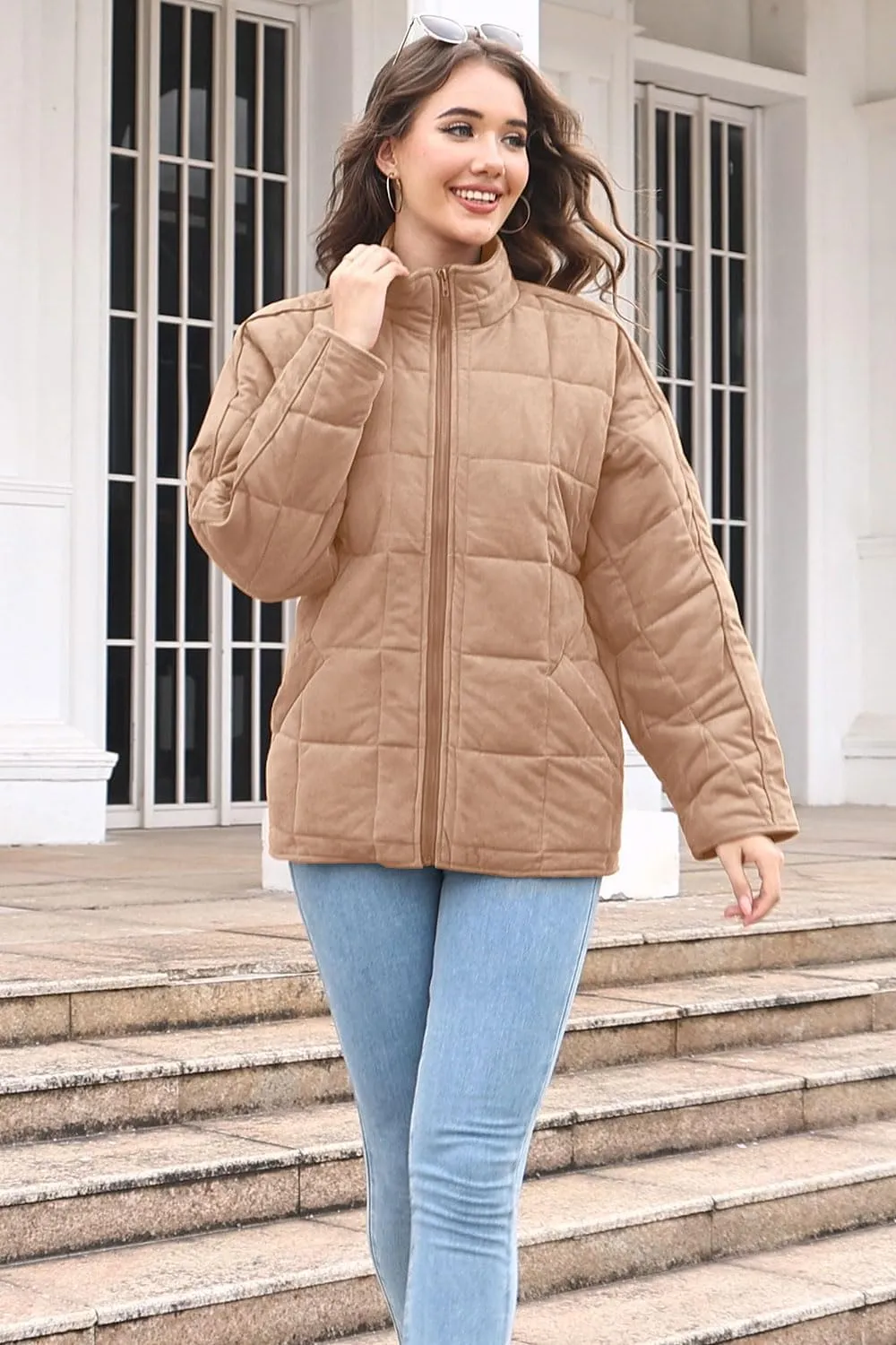 ETCYY Women's Causal Lightweight Quilted Jackets Long Sleeve Oversized Warm Winter Zip Up Coat with Pockets