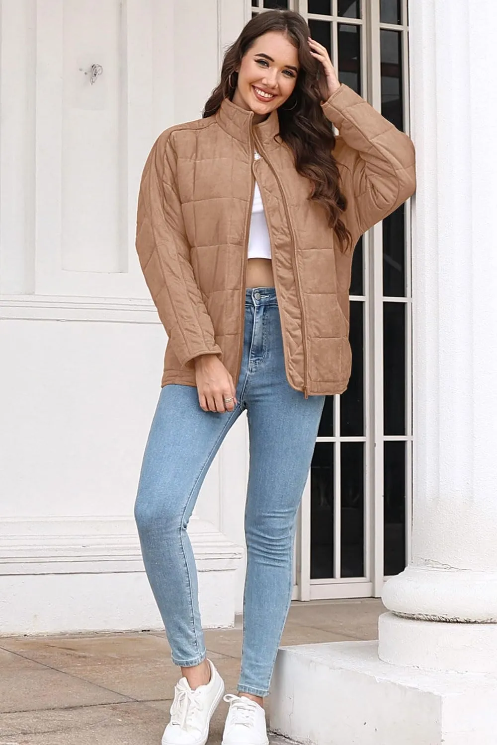 ETCYY Women's Causal Lightweight Quilted Jackets Long Sleeve Oversized Warm Winter Zip Up Coat with Pockets