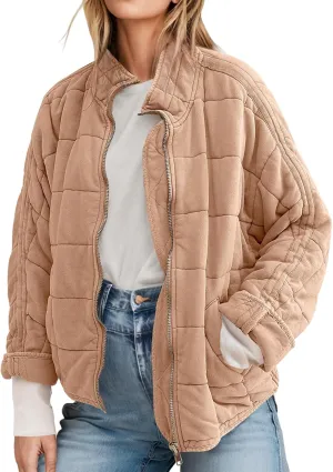 ETCYY Women's Causal Lightweight Quilted Jackets Long Sleeve Oversized Warm Winter Zip Up Coat with Pockets