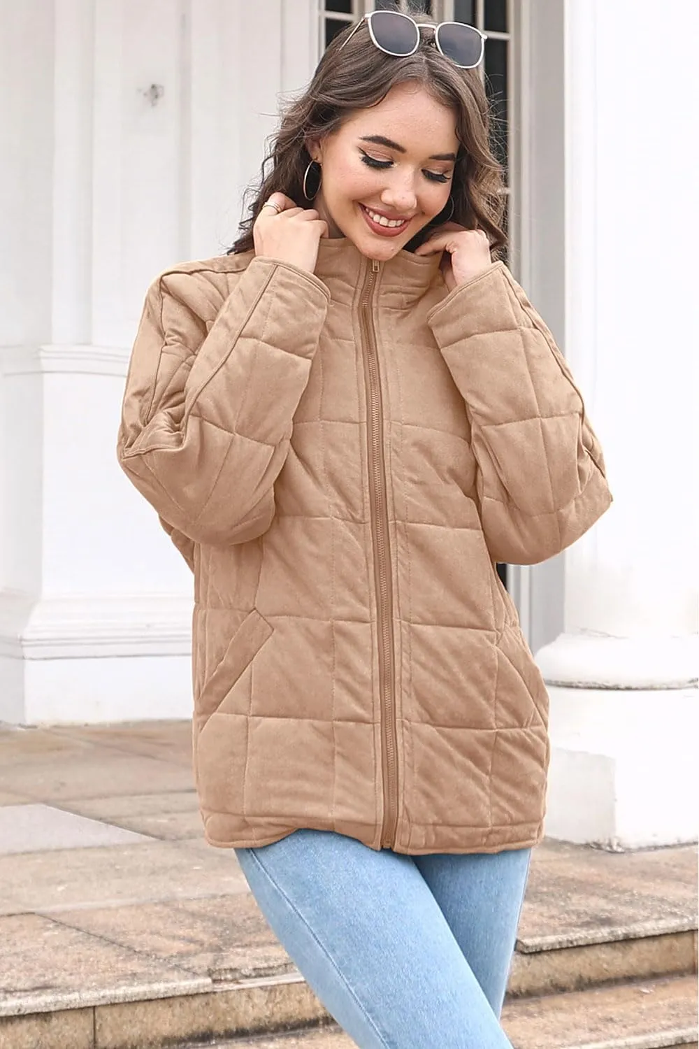 ETCYY Women's Causal Lightweight Quilted Jackets Long Sleeve Oversized Warm Winter Zip Up Coat with Pockets