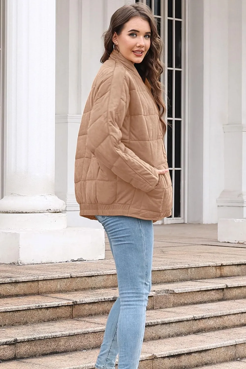 ETCYY Women's Causal Lightweight Quilted Jackets Long Sleeve Oversized Warm Winter Zip Up Coat with Pockets