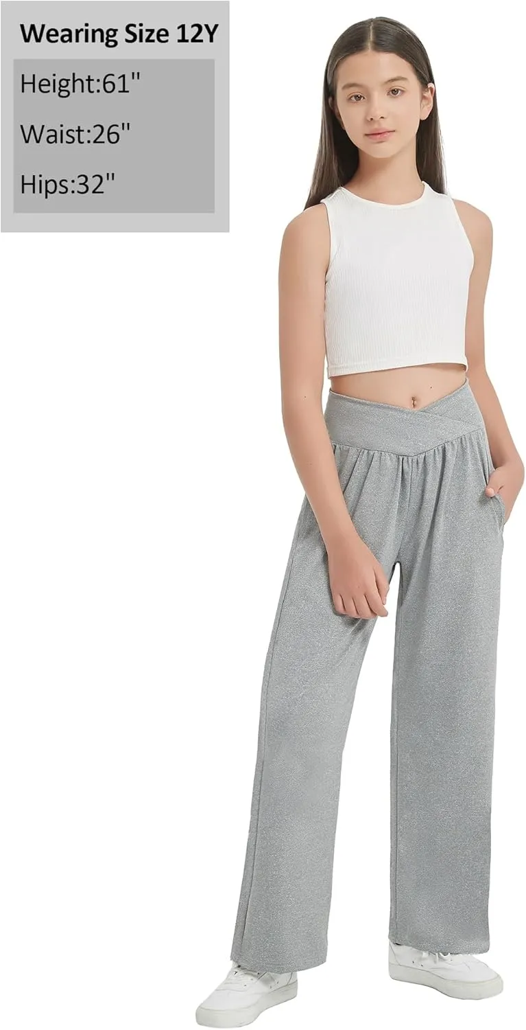 EXARUS 3 Pack Girls Lightweight Baggy Pants Straight/Tapered Wide Leg Pants Elastic Waist Flowy Pants with Pockets 6-14Y
