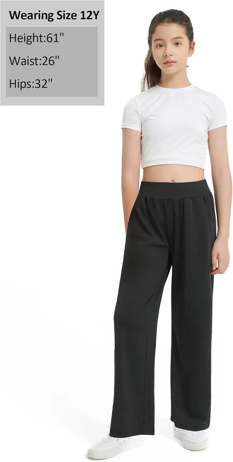 EXARUS 3 Pack Girls Lightweight Baggy Pants Straight/Tapered Wide Leg Pants Elastic Waist Flowy Pants with Pockets 6-14Y