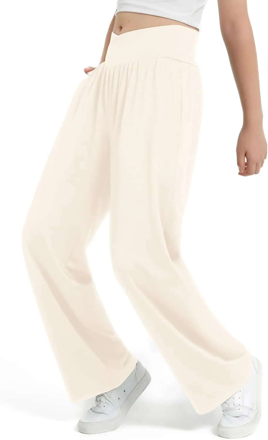 EXARUS 3 Pack Girls Lightweight Baggy Pants Straight/Tapered Wide Leg Pants Elastic Waist Flowy Pants with Pockets 6-14Y