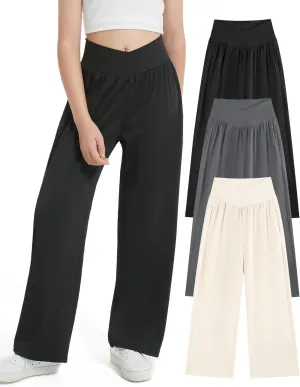 EXARUS 3 Pack Girls Lightweight Baggy Pants Straight/Tapered Wide Leg Pants Elastic Waist Flowy Pants with Pockets 6-14Y