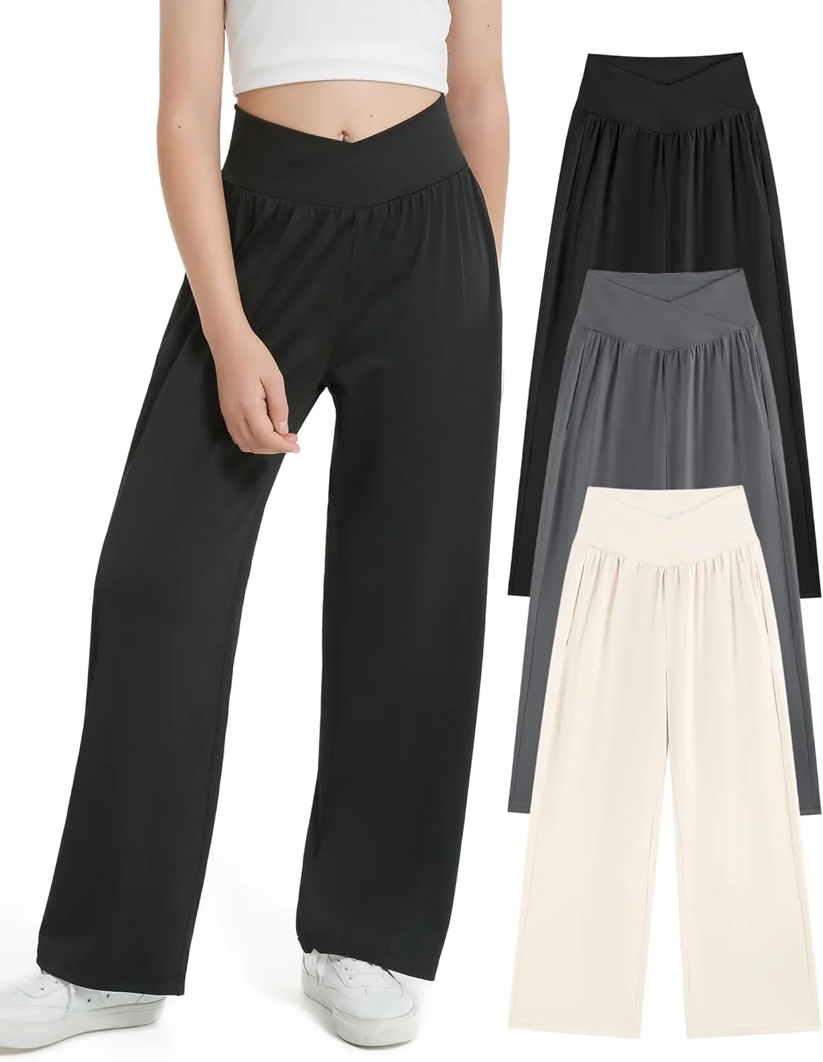 EXARUS 3 Pack Girls Lightweight Baggy Pants Straight/Tapered Wide Leg Pants Elastic Waist Flowy Pants with Pockets 6-14Y