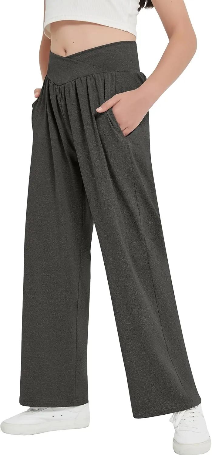 EXARUS 3 Pack Girls Lightweight Baggy Pants Straight/Tapered Wide Leg Pants Elastic Waist Flowy Pants with Pockets 6-14Y