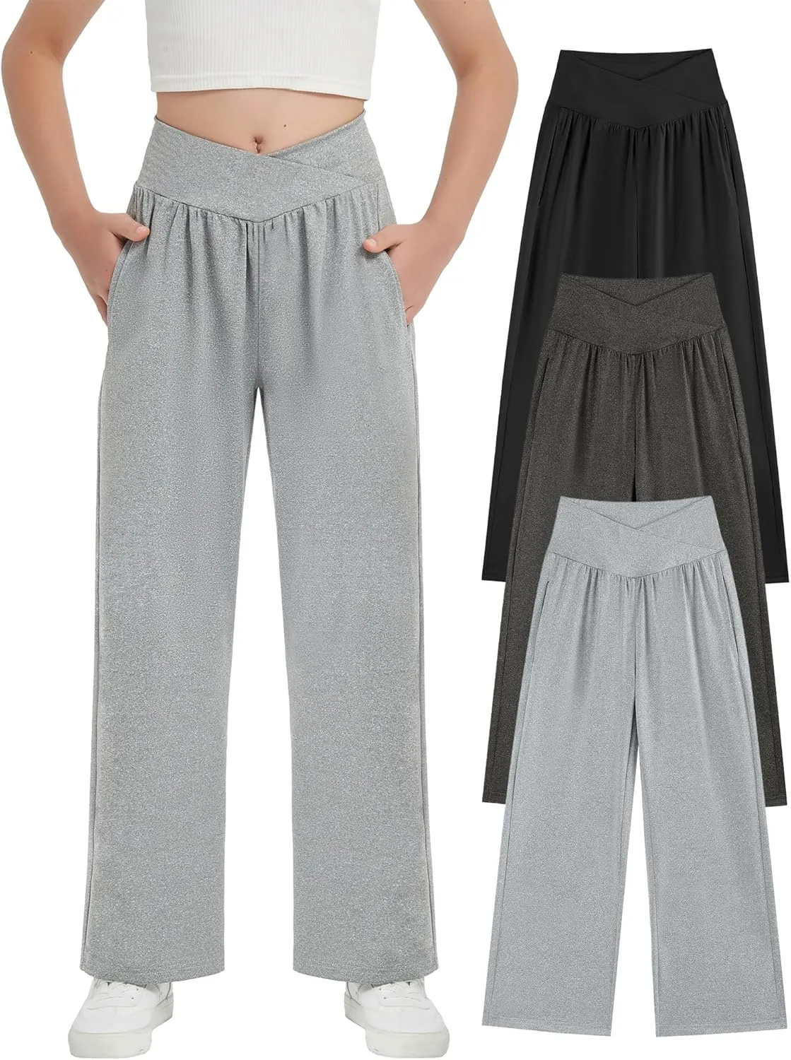 EXARUS 3 Pack Girls Lightweight Baggy Pants Straight/Tapered Wide Leg Pants Elastic Waist Flowy Pants with Pockets 6-14Y