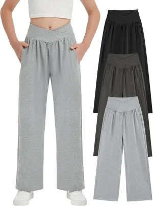 EXARUS 3 Pack Girls Lightweight Baggy Pants Straight/Tapered Wide Leg Pants Elastic Waist Flowy Pants with Pockets 6-14Y