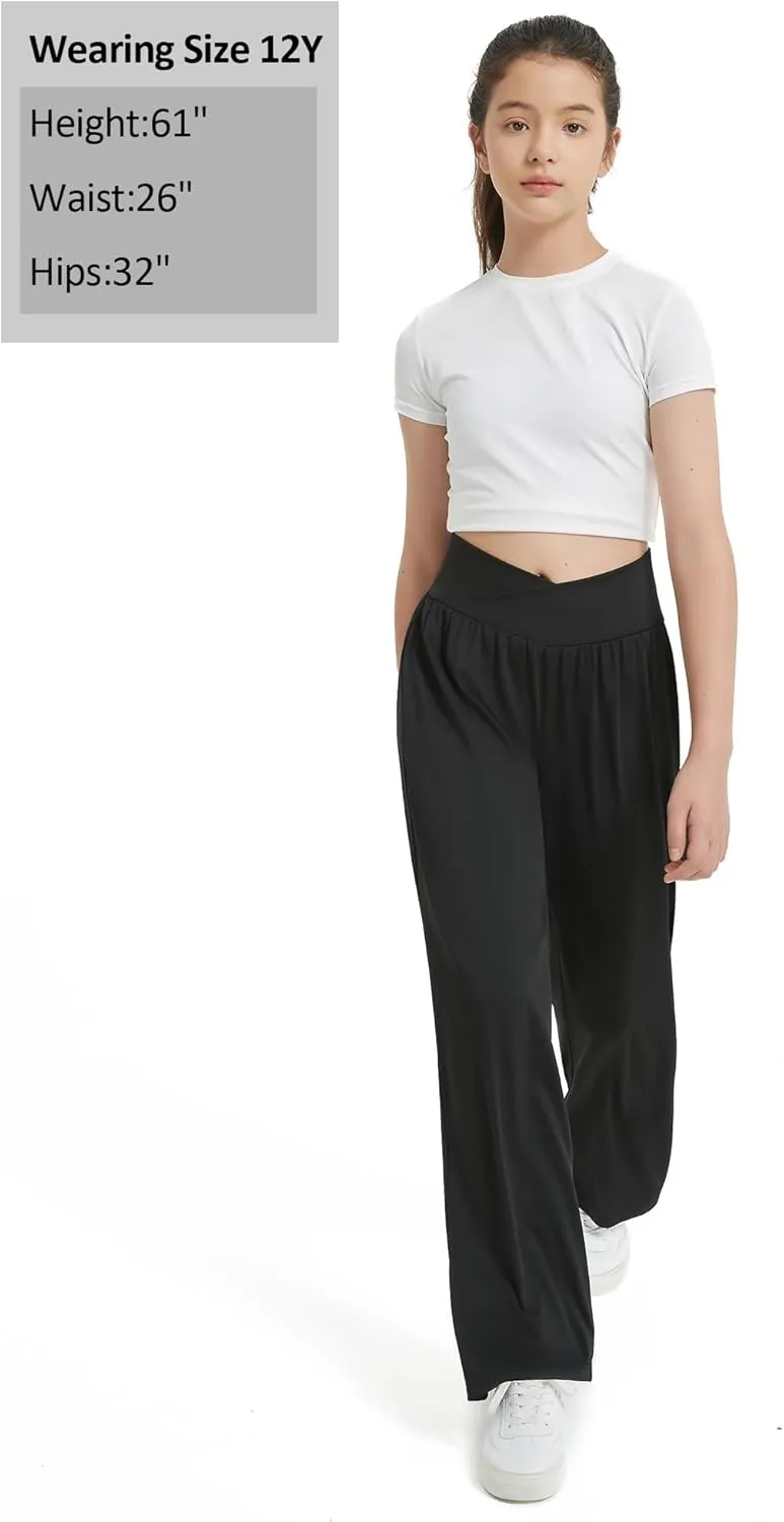 EXARUS 3 Pack Girls Lightweight Baggy Pants Straight/Tapered Wide Leg Pants Elastic Waist Flowy Pants with Pockets 6-14Y