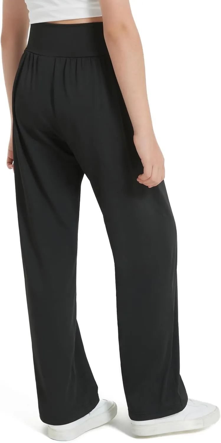 EXARUS 3 Pack Girls Lightweight Baggy Pants Straight/Tapered Wide Leg Pants Elastic Waist Flowy Pants with Pockets 6-14Y